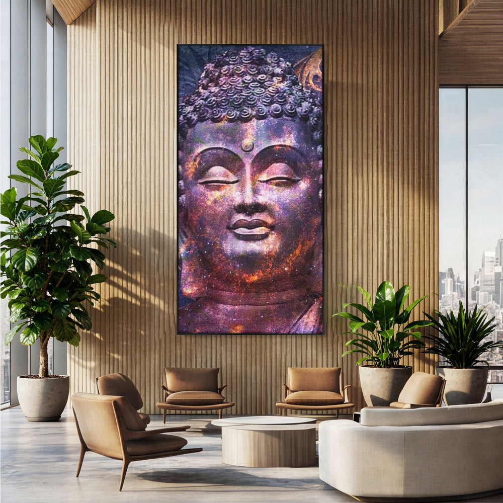 Tablou canvas cu tablou canvas cu capul lui buddha si universul, in rama de aluminiu negru, pe perete intr-un birou